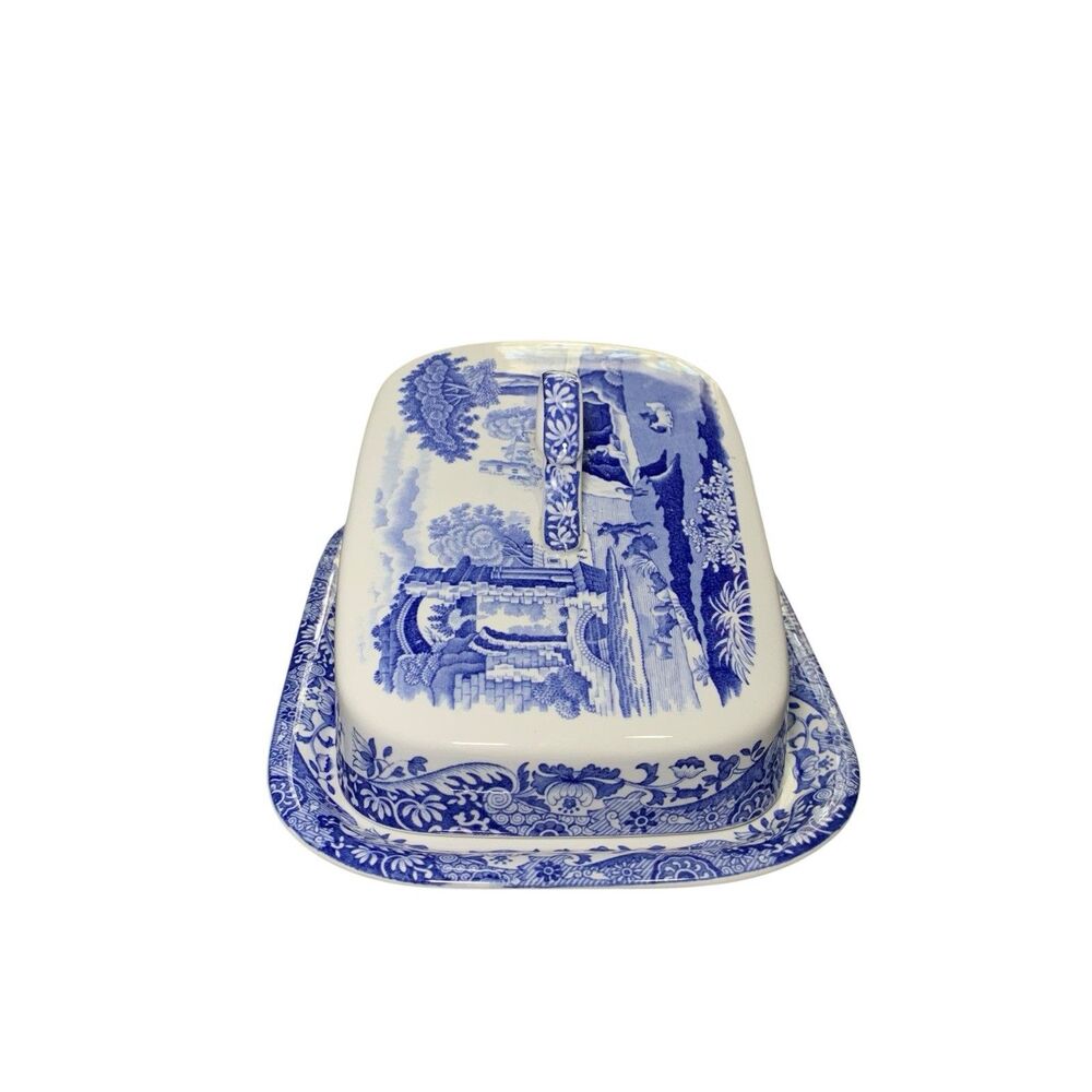 Vintage Spode Blue Italian Covered Cheese Dish Wedge Shape Made in England